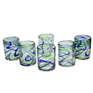 Artisan Handblown Rocks Glasses Blue Green Mexican Recycled Tumbler ‘Elegant Energy'(Set of 6) – 3.1  |  Drinking Glasses Dinnerware Drinking Glasses