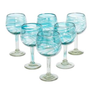 Artisan Handblown Wine Glasses Recycled Aqua Mexican Clear Blue Drinkware ‘Elegant Aqua Swirl'(Set of 6)  |  Wine Glasses Dinnerware Blue, Clear