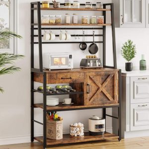 Baker’s Rack Coffee Bar Cabinet Farmhouse Microwave Stand  |  Pantry Cabinets Kitchen Furniture Brown, Grey, White