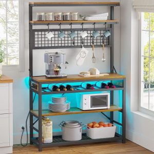 Bakers Rack with Power Outlet 6-Tier Coffee Bar  |  Pantry Cabinets Kitchen Furniture Black, Brown, Grey, White