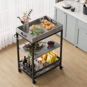 Bar Cart, 3 Tier Bar Cart with Wheels and Portable Tray  |  Kitchen Carts Kitchen Carts Brown, Grey