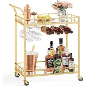 Bar Cart Gold, Home Bar Serving Cart, Wine Cart with 2 Shelves  |  Home Bars Home Bars Black, Yellow