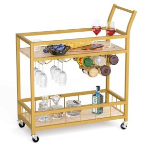 Bar Cart Home Industrial Mobile Bar Cart with Wine Rack  |  Kitchen Carts Kitchen Carts Black, Gold