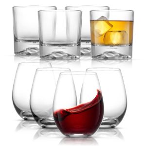 Bar Glasses Collection Crystal DOF Whiskey Glasses and Stemless Wine Glasses Set of 8  |  Wine Glasses Dinnerware Clear