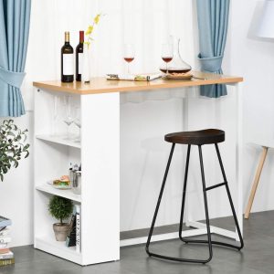 Bar Table with 3-Tier Storage Shelf, Pub Desk, Metal Frame, and Thick Tabletop for Kitchen, White  |  Bar Tables Bar Tables Bar Tables