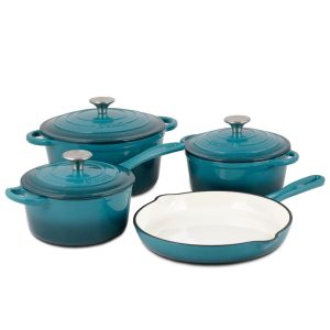 Basque Enameled Cast Iron Cookware Set, 7-Piece Set (Biscay Blue), Nonstick, Oversized Handles, Oven Safe  |  Cookware Sets Cookware Sets Blue, Red, White