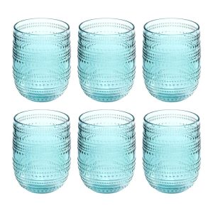 Beaded Stemless , Sea Green, 15 oz, Set of 6  |  Drinking Glasses Dinnerware Blue, Clear, Green