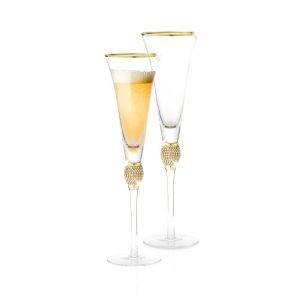 Berkware Luxurious Champagne Trumpet Flutes with Dazzling Rhinestone Rim  |  Wine Glasses Dinnerware Gold, Silver