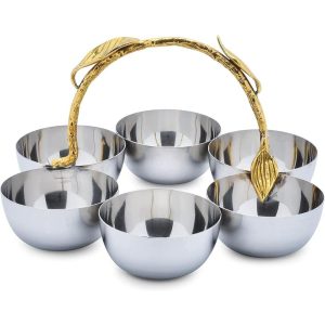 Berkware Shiny Polished Stainless Steel Six Sectional Serving Bowl with Gold Leaf Handle  |  Serveware Dinnerware Serveware