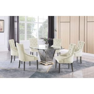 Best Master Furniture Rosalinde 7 Piece Modern 60 Inch Silver Mirrored Round Dining Set with Pedestal and Bronze Accents  |  Kitchen and Dining Sets Kitchen & Dining Sets Beige, Black, Blue, Grey