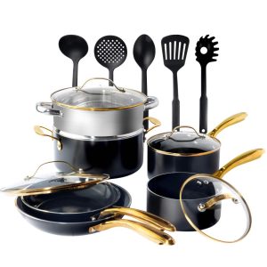 Black 15 Piece Ultra Nonstick Ceramic Cookware Set with Utensils  |  Cookware Sets Cookware Sets Black