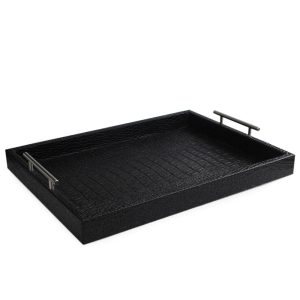 Black Leather Alligator Tray with Handles  |  Serveware Dinnerware Black