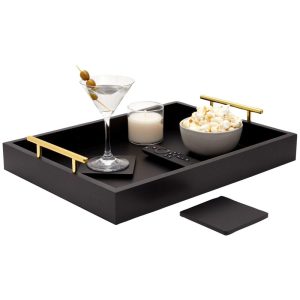 Black Wooden Serving Tray with Handles and s (15.7 x 11.8 x 3 In)  |  Serveware Dinnerware Black