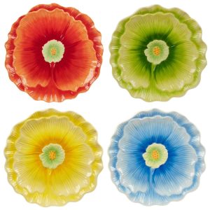 Blossom Set of 4 3-D Floral Dessert Plates – 8″ Diam x 1″  |  Plates Dinnerware Blue, Red, Yellow