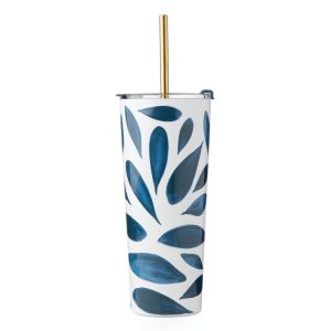 Blue Bay Leaf Pattern Stainless Steel Tumbler With Straw Blue  |  Drinking Glasses Dinnerware Blue