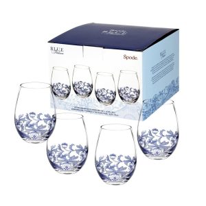 Blue Italian Stemless Wine Glass Set of 4 – 19 oz.  |  Wine Glasses Dinnerware Clear