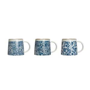 Blue & White Hand-Stamped Stoneware Mug with Gold Rim (Set of 3 Patterns)  |  Mugs Dinnerware Blue