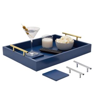 Blue Wooden Serving Tray 16″ x 12″ with s for Coffee Table, Decorative Interchangeable Gold/ Silver Handles  |  Serveware Dinnerware Blue