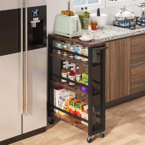 Brown Narrow Rolling Kitchen Storage Cart with Wheels, 4 Tiers Slim Serving Trolley Utility Carts with Handle for Small Space  |  Kitchen Carts Kitchen Carts Brown