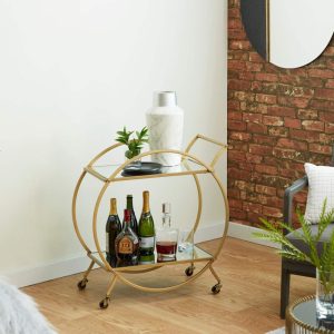 Brown Wood Rolling Oval 3 Shelf Bar Cart with Black Metal Frame  |  Home Bars Home Bars Brown