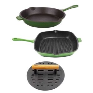 Cast Iron Fry Pan, Grill Pan and Slotted Press 3-piece Set  |  Grill Pans and Griddles Grill Pans & Griddles Black, Green