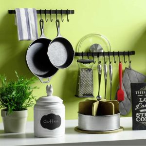 Casto 17″ Pot Rack Set of 2, Utensil Holder with 20 S Hooks, Iron, Black  |  Pot Racks Kitchen Storage Black