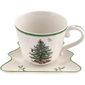 Christmas Tree Jumbo Cup with Tree-Shaped Saucer – 18 oz Mug Capacity  |  Cups Cups Cups