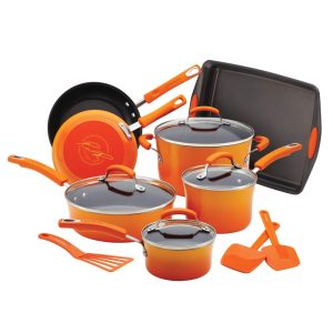 Classic Brights Porcelain Enamel Nonstick Cookware Set with Bakeware and Utensils, 14-Piece, Gradient Orange  |  Cookware Sets Cookware Sets Cookware Sets