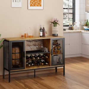 Coffee Bar Cabinet Liquor Cabinet for Home with Glass Holder  |  Pantry Cabinets Kitchen Furniture Brown