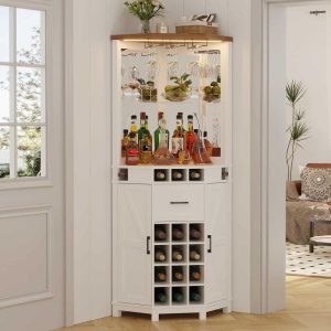 Corner Bar Storage Cabinet w/LED Light & Glass Rack,Home Bar Cabinet w/Barn Door & Adjustable Shelves  |  Wine Racks Kitchen Storage White