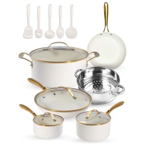 Cream 15 Piece Ultra Nonstick Ceramic Cookware Set with Utensils  |  Cookware Sets Cookware Sets Cookware Sets