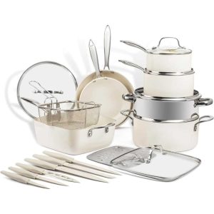 Cream 20 pc Nonstick Cookware Set with Kitchen Knives Set  |  Cookware Sets Cookware Sets Cookware Sets