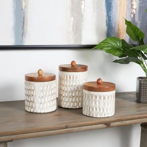 Cream Paper Mache Handmade Carved Spotted Geometric Canisters with Brown Removable Lids (Set of 3)  |  Kitchen Canisters Kitchen Canisters Cream