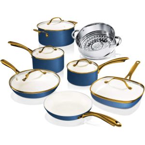 Cream/Navy 12 pc Nonstick Cookware Set  |  Cookware Sets Cookware Sets Cookware Sets