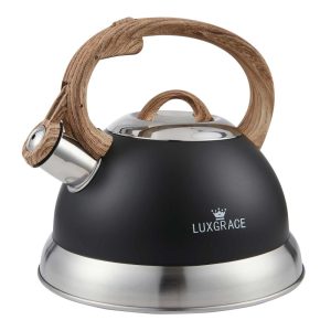 Creative Home 2.3 Qt. Stainless Steel Whistling Tea Kettle Teapot with Ergonomic Wood Rubber Touching Handle, Opaque Black  |  Tea Kettle Coffee & Tea Black