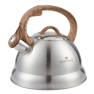 Creative Home 2.3 Qt. Stainless Steel Whistling Tea Kettle Teapot with Ergonomic Wood Rubber Touching Handle, Satin Finish  |  Tea Kettle Coffee & Tea Silver