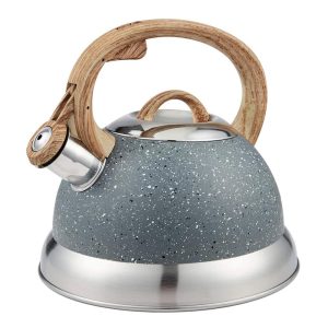 Creative Home 2.3 Qt. Stainless Steel Whistling Tea Kettle with Ergonomic Wood Rubber Touching Handle, Opaque Gray with Speckle  |  Tea Kettle Coffee & Tea Grey