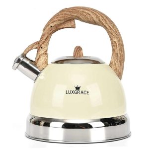 Creative Home 3.0 Qt. Stainless Steel Whistling Tea Kettle with Ergonomic Handle for Fast Boiling Heat Water, Creamy White  |  Tea Kettle Coffee & Tea Ivory