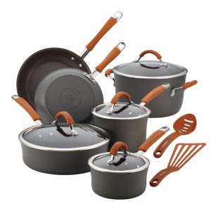 Cucina Hard-Anodized Aluminum Nonstick Cookware Pots and Pans Set, 12-Piece, Gray with Pumpkin Orange Handles  |  Cookware Sets Cookware Sets Cookware Sets