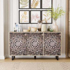 DH BASIC Solid Wood 55″ Storage Credenza Entryway Accent Cabinet by   |  Buffets and Sideboards Buffets & Sideboards Brown, Natural