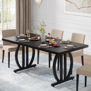 Dining Table for 4-6 People, 63-Inch Large Dining Room Table, Black  |  Kitchen and Dining Tables Kitchen & Dining Tables Black, White