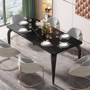 Dining Table for 6 People White Dining Room Table with Marble Tabletop  |  Kitchen and Dining Tables Kitchen & Dining Tables Black, White