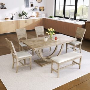 Dining Table Sets, 6 Piece Wood Kitchen Table Set, Home Furniture Table Set with 4 Upholstered Chairs & 1 Long Bench  |  Kitchen and Dining Sets Kitchen & Dining Sets Grey, Natural