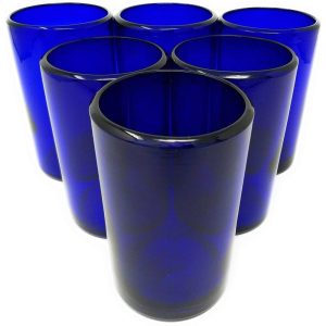 Dos Sueños Hand Blown Mexican Drinking Glasses – Set of 6 Cobalt Water Glasses (14 oz each)  |  Drinking Glasses Dinnerware Blue