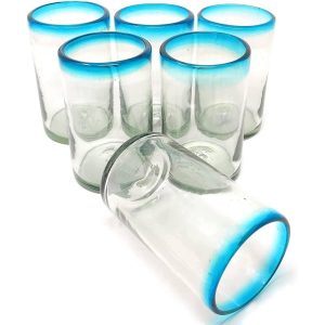 Dos Sueños Hand Blown Mexican Drinking Glasses – Set of 6 Glasses with Aqua Rims (14 oz each)  |  Drinking Glasses Dinnerware Blue