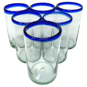 Dos Sueños Hand Blown Mexican Drinking Glasses – Set of 6 Glasses with Cobalt Blue Rims (14 oz each)  |  Drinking Glasses Dinnerware Blue