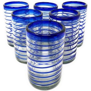 Dos Sueños Hand Blown Mexican Drinking Glasses – Set of 6 Glasses with Cobalt Blue Spiral Design (14 oz each)  |  Drinking Glasses Dinnerware Blue