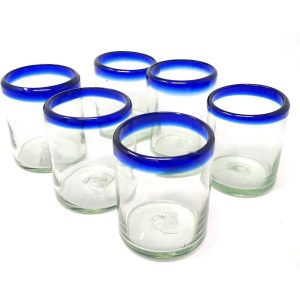 Dos Sueños Hand Blown Mexican Drinking Glasses – Set of 6 Tumbler Glasses with Cobalt Blue Rims (10 oz each)  |  Drinking Glasses Dinnerware Blue