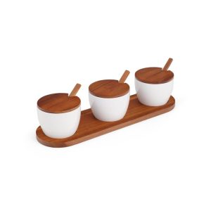 Duets Triple Condiment Server with Lids and Spoons – Bowls: 3.5” D x 2.5” H; Tray: 14” L x 4” W x .5” H  |  Bowls Bowls Bowls