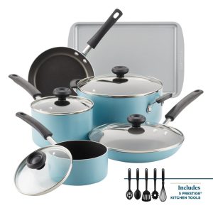 Easy Clean Aluminum Nonstick Cookware Pots and Pans Set, 15-Piece, Aqua  |  Cookware Sets Cookware Sets Blue